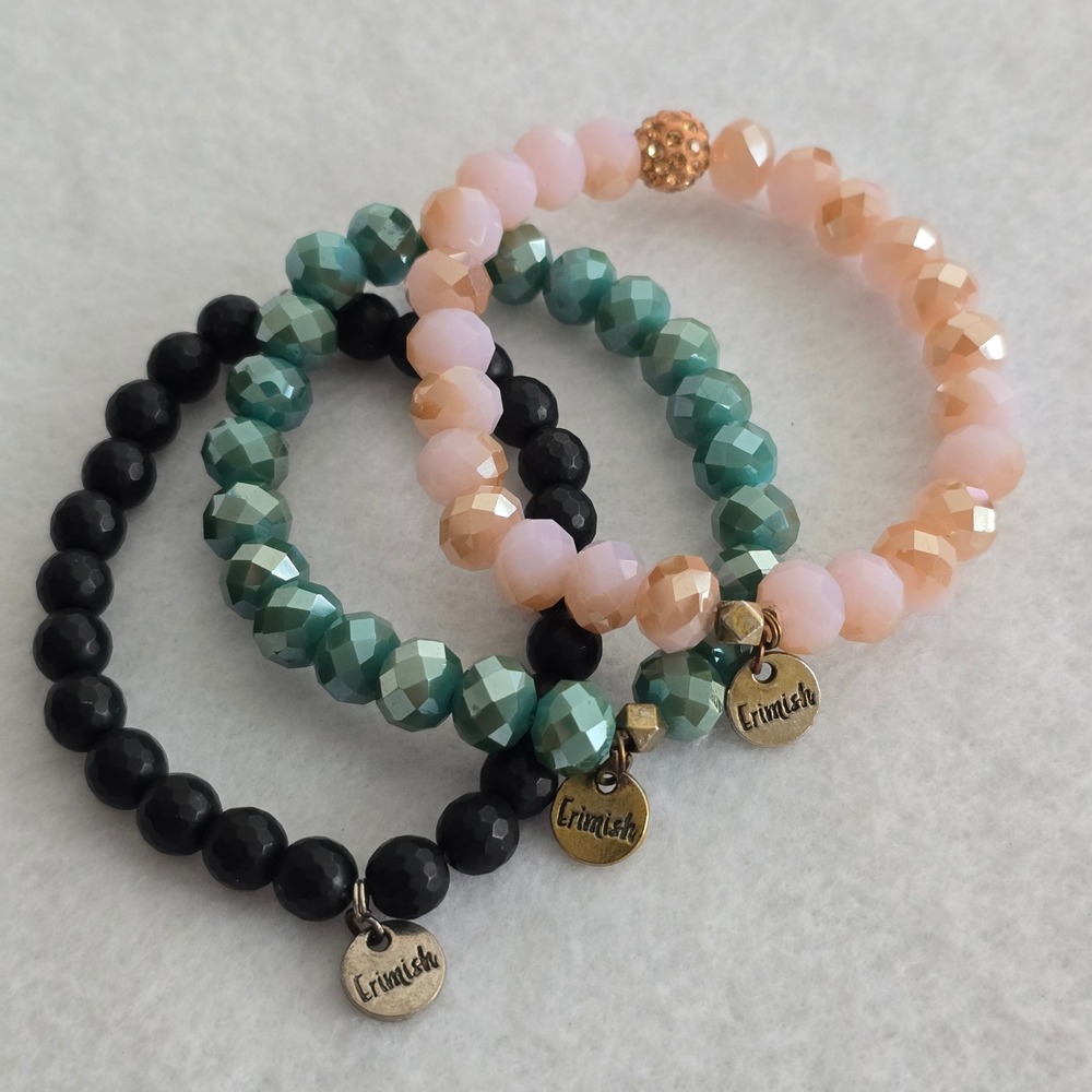 Erimish Beaded Stretch Bracelet Stack Set 3pc Black Teal Peach Rhinestone Pave